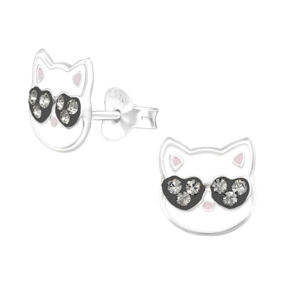 Children's Silver Cat Ear Studs with Crystal and Epoxy