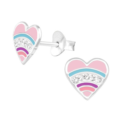 Children's Silver Heart Ear Studs with Crystal and Epoxy