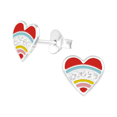 Children's Silver Heart Ear Studs with Crystal and Epoxy