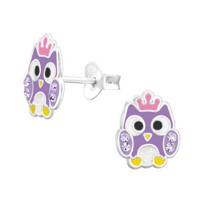 Children's Silver Owl Ear Studs with Crystal and Epoxy