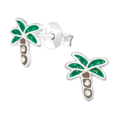 Children's Silver Coconut Tree Ear Studs with Crystal and Epoxy