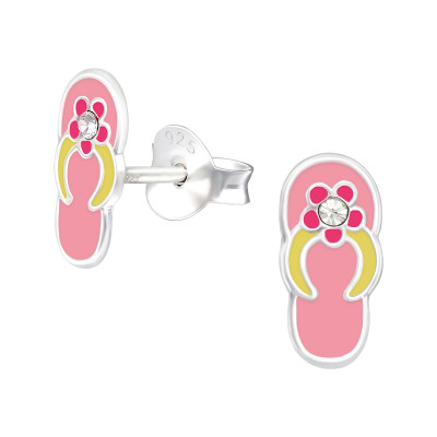 Children's Silver Shoes Ear Studs with Crystal and Epoxy