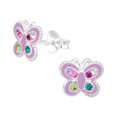 Children's Silver Butterfly Ear Studs with Crystal and Epoxy