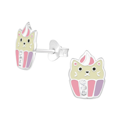 Children's Silver Cat Ear Studs with Crystal and Epoxy