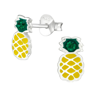 Children's Silver Pineapple Ear Studs with Crystal and Epoxy