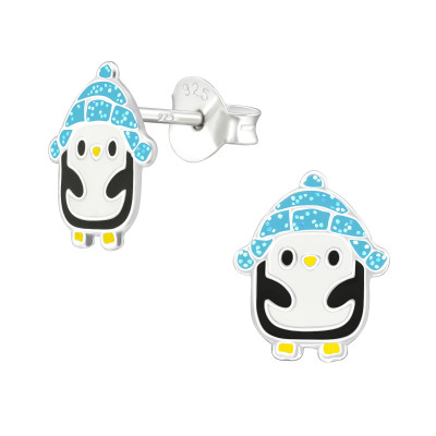 Children's Silver Penguin Ear Studs with Epoxy