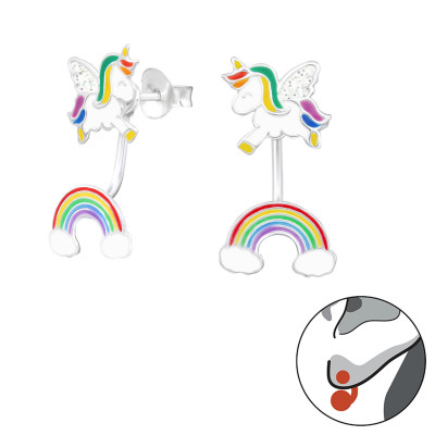 Silver Unicorn and Rainbow Ear Jacket and Double Earrings with Epoxy