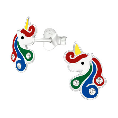 Children's Silver Unicorn Ear Studs with Crystal and Epoxy