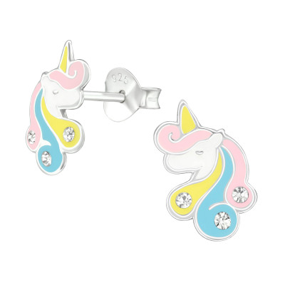 Children's Silver Unicorn Ear Studs with Crystal and Epoxy