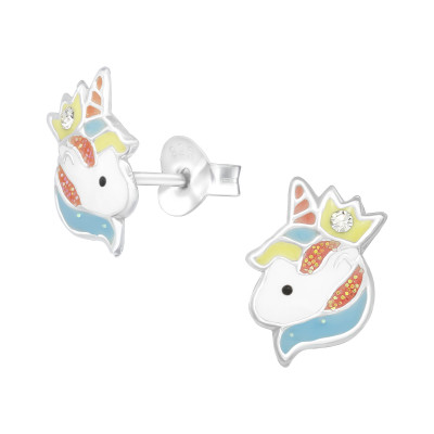 Children's Silver Unicorn Ear Studs with Crystal and Epoxy