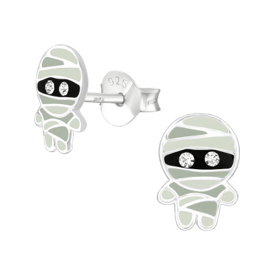 Children's Silver Mummy Ear Studs with Crystal and Epoxy