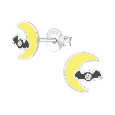 Children's Silver Moon and Bat Ear Studs with Crystal and Epoxy