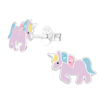 Children's Silver Unicorn Ear Studs with Crystal and Epoxy