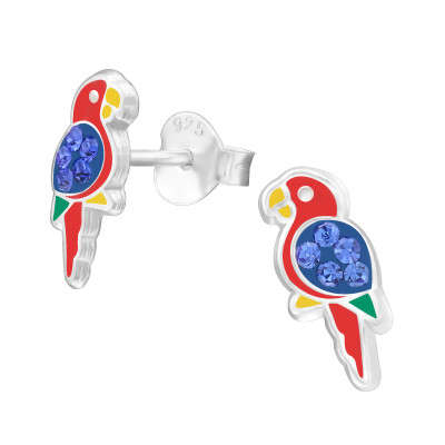 Children's Silver Parrot Ear Studs with Crystal and Epoxy