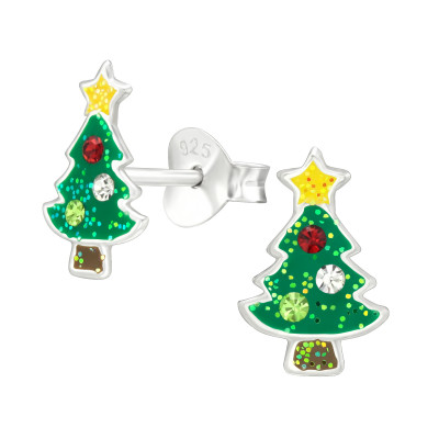 Children's Silver Christmas Tree Ear Studs with Crystal and Epoxy