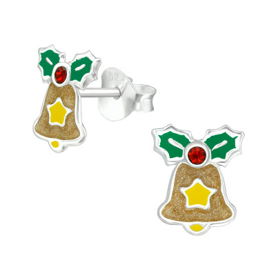 Children's Silver Bell Ear Studs with Crystal and Epoxy