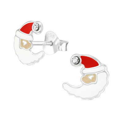 Children's Silver Santa Claus Ear Studs with Crystal and Epoxy