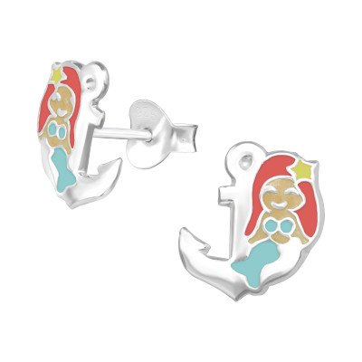 Children's Silver Mermaid and Anchor Ear Studs with Epoxy