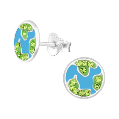 Children's Silver World Ear Studs with Crystal and Epoxy