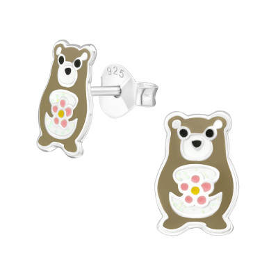 Children's Silver Bear Ear Studs with Epoxy