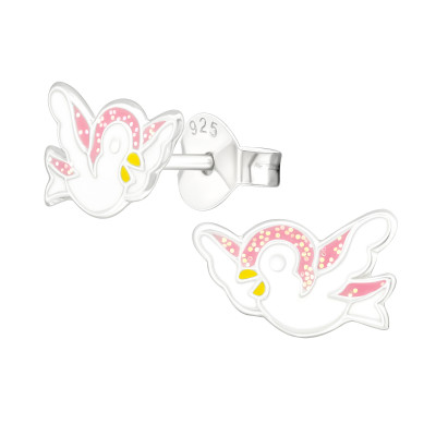 Children's Silver Bird Ear Studs with Epoxy