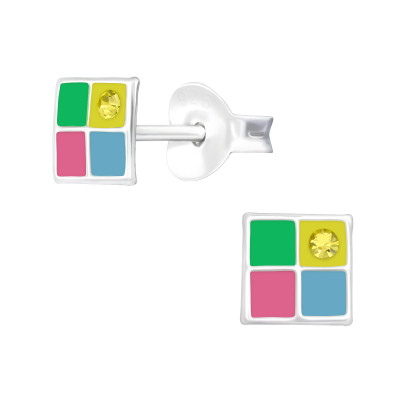 Children's Silver Geometric Ear Studs with Crystal and Epoxy