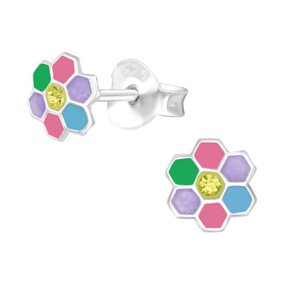 Children's Silver Flower Ear Studs with Crystal and Epoxy