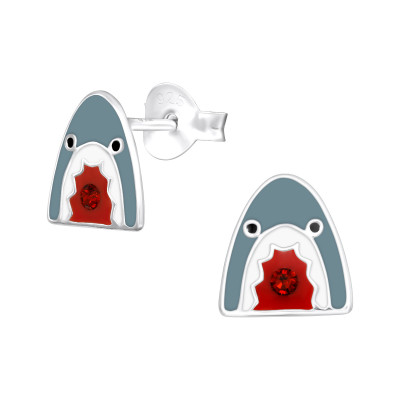Children's Silver Shark Ear Studs with Crystal and Epoxy