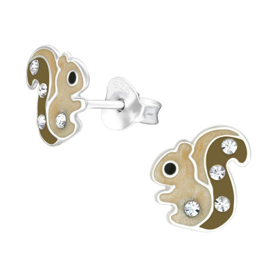 Children's Silver Squirrel Ear Studs with Crystal and Epoxy