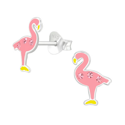 Children's Silver Flamingo Ear Studs with Crystal and Epoxy