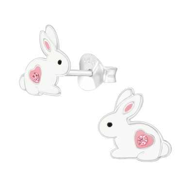 Children's Silver Rabbit Ear Studs with Crystal and Epoxy