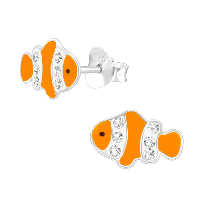 Children's Silver Fish Ear Studs with Crystal and Epoxy