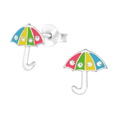 Children's Silver Umbrella Ear Studs with Crystal and Epoxy