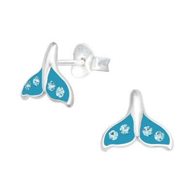 Children's Silver Whale's Tail Ear Studs with Crystal and Epoxy