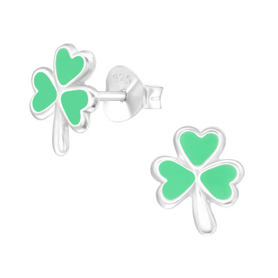 Children's Silver Lucky Clover Ear Studs with Epoxy