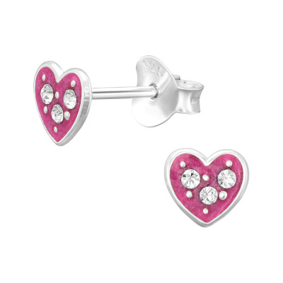 Children's Silver Heart Ear Studs with Crystal and Epoxy