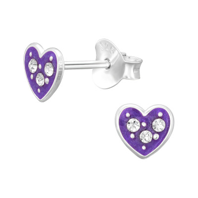 Children's Silver Heart Ear Studs with Crystal and Epoxy