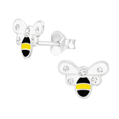 Children's Silver Bee Ear Studs with Crystal and Epoxy