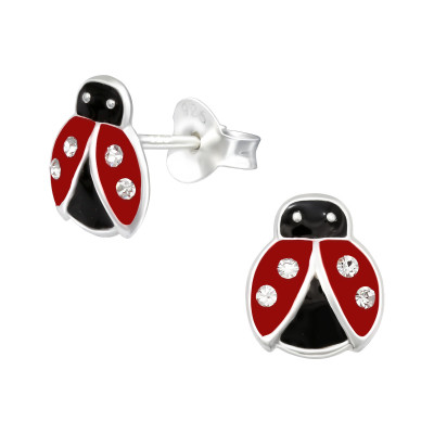 Children's Silver Ladybug Ear Studs with Crystal and Epoxy
