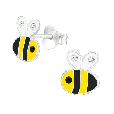 Children's Silver Bee Ear Studs with Crystal and Epoxy