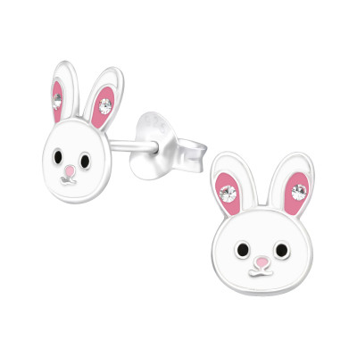 Children's Silver Rabbit Ear Studs with Crystal and Epoxy