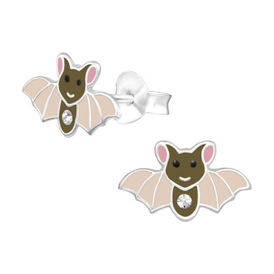 Children's Silver Bat Ear Studs with Crystal and Epoxy