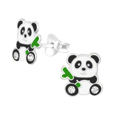 Children's Silver Panda Ear Studs with Crystal and Epoxy