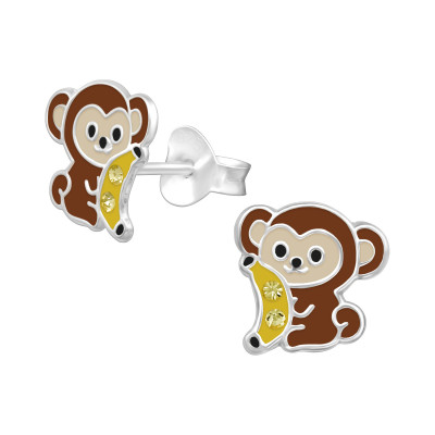 Children's Silver Monkey Ear Studs with Crystal and Epoxy