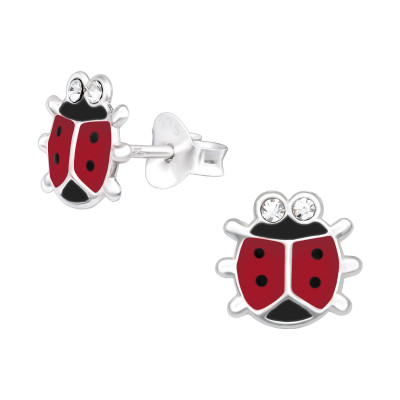 Children's Silver Ladybug Ear Studs with Crystal and Epoxy