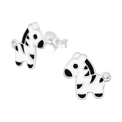 Children's Silver Zebra Ear Studs with Crystal and Epoxy