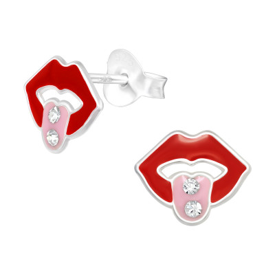 Children's Silver Mouth Ear Studs with Crystal and Epoxy