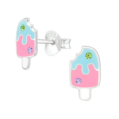 Children's Silver Ice Cream Ear Studs with Crystal and Epoxy