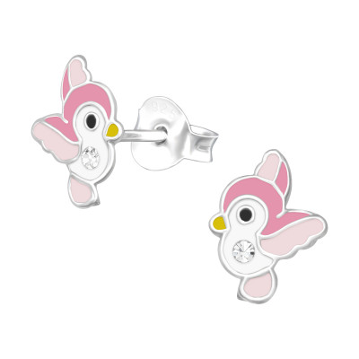 Children's Silver Bird Ear Studs with Crystal and Epoxy