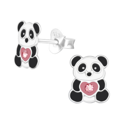 Children's Silver Panda Ear Studs with Crystal and Epoxy